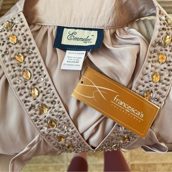 Francesca’s Women’s Glass Beaded V-Neck Satin Tunic - Picture 4 of 5